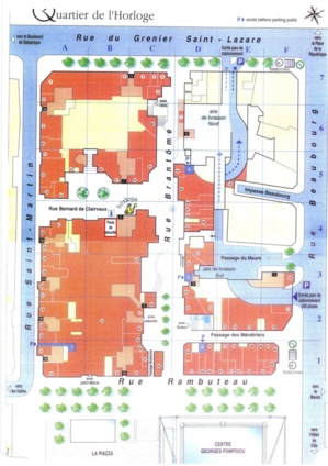 50 à 60 commerces forment le groupement d'ERP du Quartier de l'Horloge. (En orange sur le plan). Les halls d'immeubles ne sont pas concernés. (En rose pâle)