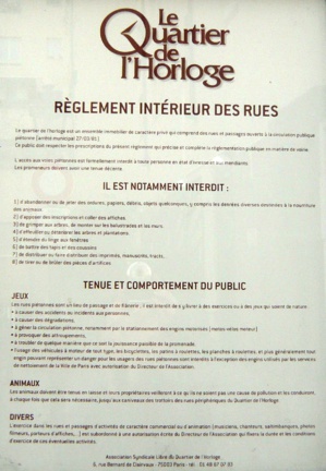 Règlement intérieur des rues du Quartier de l'Horloge : bicyclettes, planches à roulettes et patins à roulettes interdits ! Règlement intérieur des rues du Quartier de l'Horloge : bicyclettes, planches à roulettes et patins à roulettes interdits !