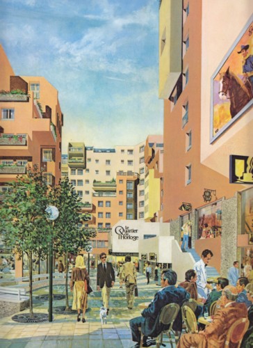 Vue d'artiste du Quartier de l'Horloge pour sa commercialisation avant construction. (source: plaquette COGEDIM)