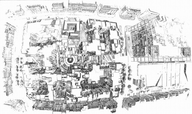 Vue d'oiseau du Quartier de l'Horloge.   Source: Jean-Claude Bernard / Jean-Jacques Robert / ARC architecture Vue d'oiseau du Quartier de l'Horloge.   Source: Jean-Claude Bernard / Jean-Jacques Robert / ARC architecture