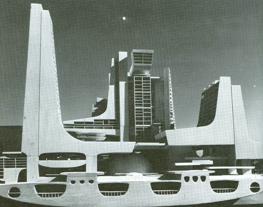 Maquette de la 'Ville Totale', 1962-64. Vingt ans plus tard, l'architecte reprendra le concept des circulations pour le Quartier de l'Horloge mais il sera très attaché à ancrer ses bâtiments au sol. Maquette de la 'Ville Totale', 1962-64. Vingt ans plus tard, l'architecte reprendra le concept des circulations pour le Quartier de l'Horloge mais il sera très attaché à ancrer ses bâtiments au sol.