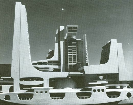 Maquette de la 'Ville Totale', 1962-64. Vingt ans plus tard, l'architecte reprendra le concept des circulations pour le Quartier de l'Horloge mais il sera très attaché à ancrer ses bâtiments au sol.