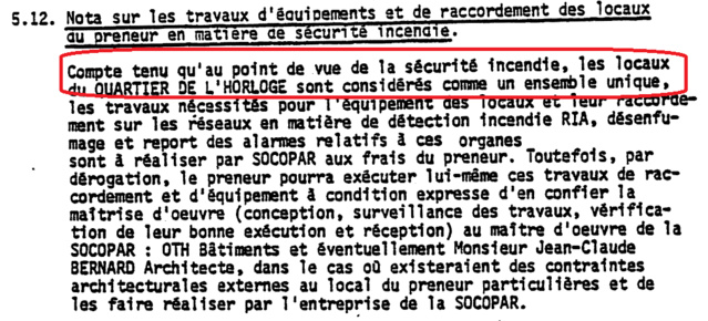 Extrait du Cahier des charges des commerces "SOCOPAR". Des règles qui ne s'appliquent pas aux habitations, comme le confirme le capitaine des pompiers ci-après. Ce sont des immeubles distincts, formant des copropriétés indépendantes du point de vue de la sécurité incendie.