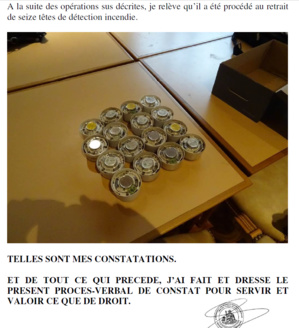 Extrait d'un constat d'huissier. 16 tête de détection incendie ont été retirées en 2020. Etonnamment, l'ASL n'a ni remarqué de défaut de fonctionnement ni mis à jour la grille de points de détection incendie!