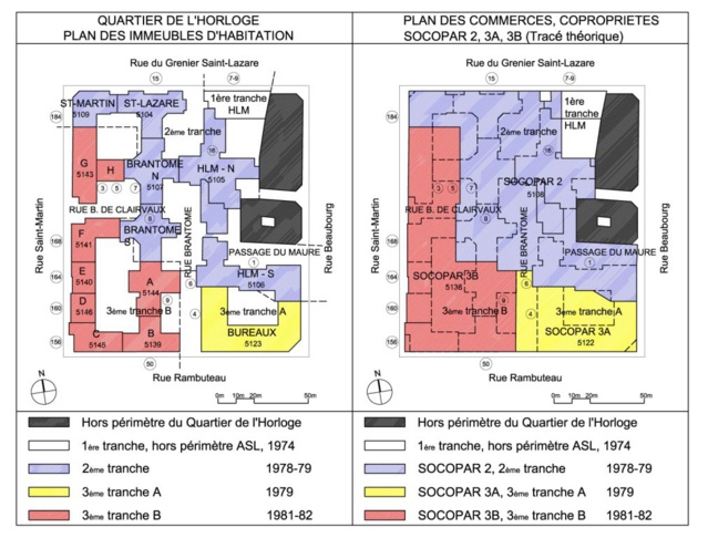 L'ASL du Quartier de l'Horloge regroupe 2 HLM, 1 immeuble de bureaux et 10 copropriétés d'habitations sur une dalle de 3 copropriétés de commerces et parkings. Soit un ensemble de 16 volumes. Un clic sur l'image l'agrandit.