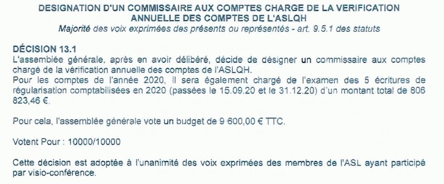 L'assemblée générale de 2021 valide à l'unanimité un audit des comptes et demande la vérification de cinq écritures comptables douteuses.
