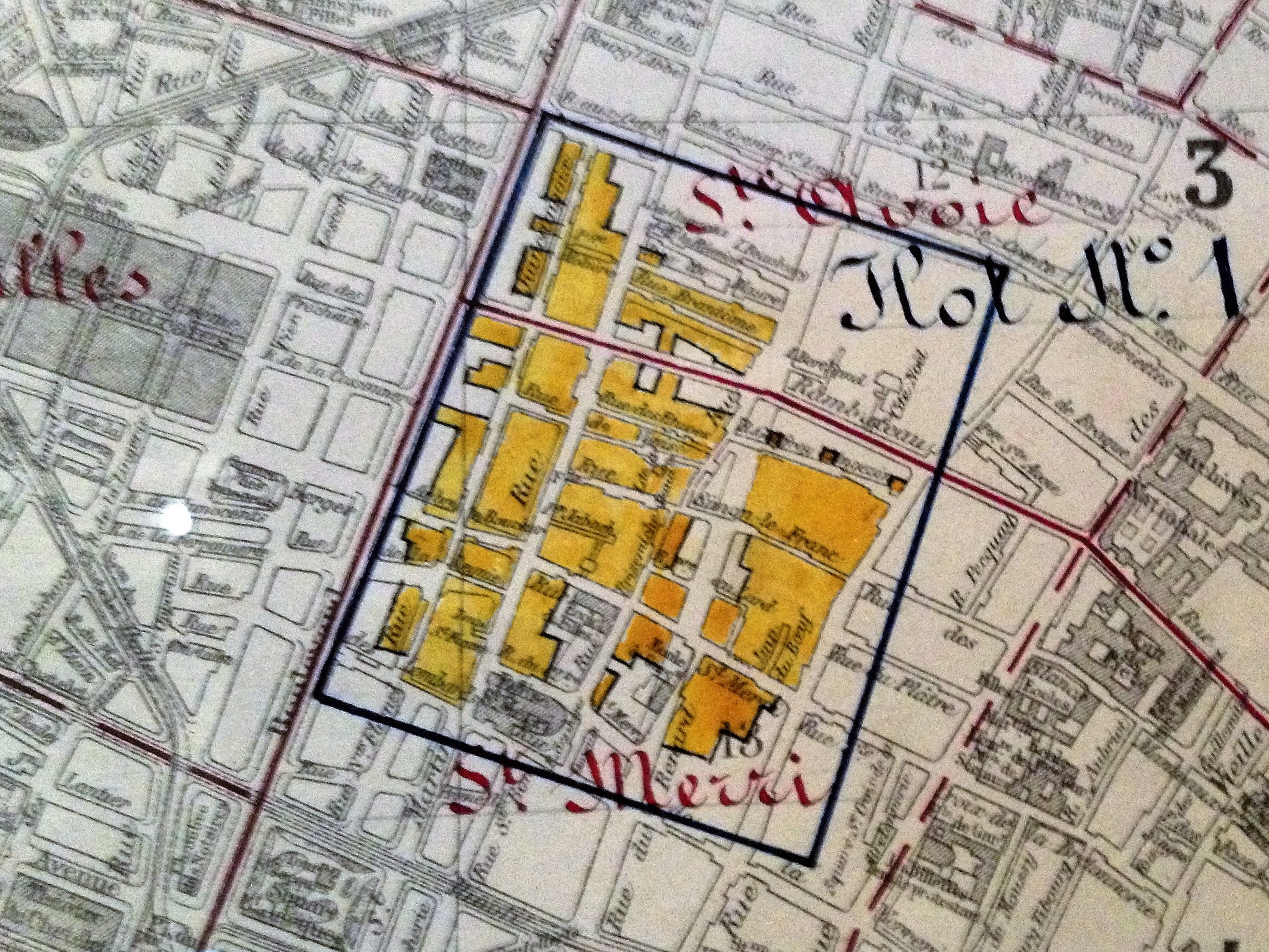 Carte des "îlots insalubres" (extrait), service du Plan de Paris. Gravure L. Wuhrer. Echelle originale 1/10 000, 19 novembre 1921