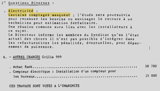 Les procès-verbaux des assemblées générales de l'ASL du Quartier de l'Horloge attestent dès les premières années de fonctionnement de problèmes au sujet du comptage des consommations électriques et du mode de refacturation.