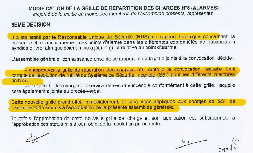 Extrait de l'AG de décembre 2016 qui a vu l'acceptation de cette décision en l'échange d'une baisse négociée de charges de 120 000 €!