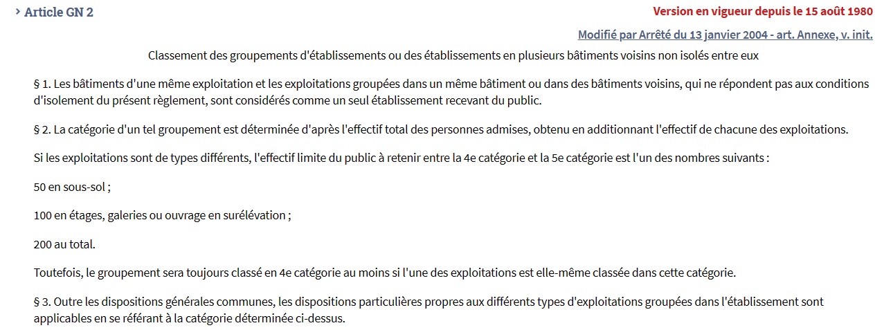 L'ensemble des commerces situé dans le Quartier de l'Horloge est considéré comme un "établissement unique" au regard de l'article GN2 du Règlement de sécurité des ERP. Les volumes indépendants d'habitation ne sont pas concernés.