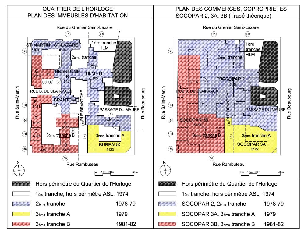 L'organisation ''en volumes'' permet de superposer plusieurs copropriétés distinctes sur le même sol.  Des commerces en rez-de-chaussée et des habitations au-dessus dans le cas du Quartier de l'Horloge.