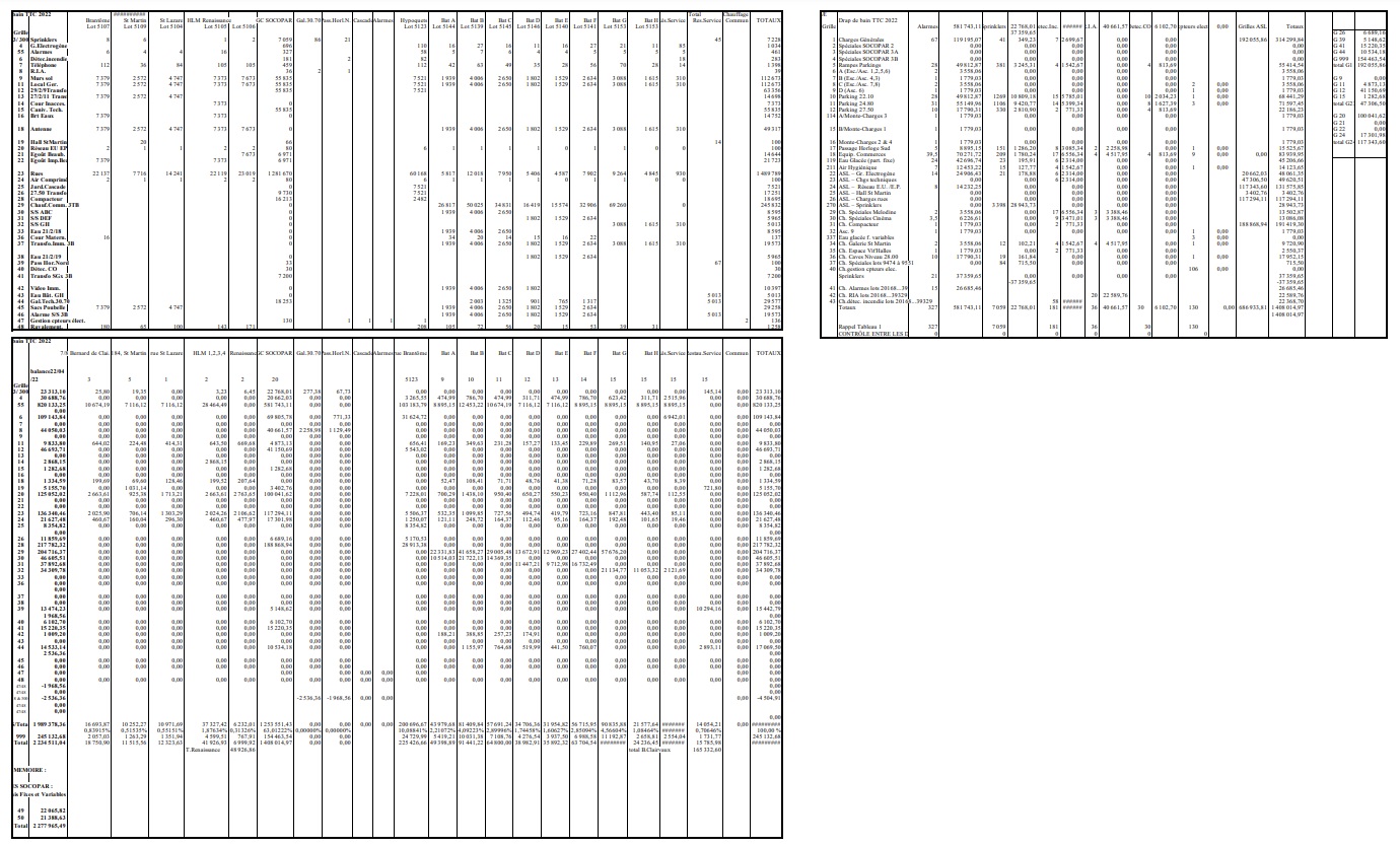 La comptabilité analytique de l'ASL se résume dans le "drap de bain", un ensemble de trois pages EXCEL qui permet de ventiler les charges, en fonction de points et de mètres carrés, aux 16 volumes de l'ASL. Seule une poignée de copropriétaires avertis maîtrise le jeux des vases communicants et peut suivre et contrôler la bonne application des règles. Un clic sur l'image l'agrandit.